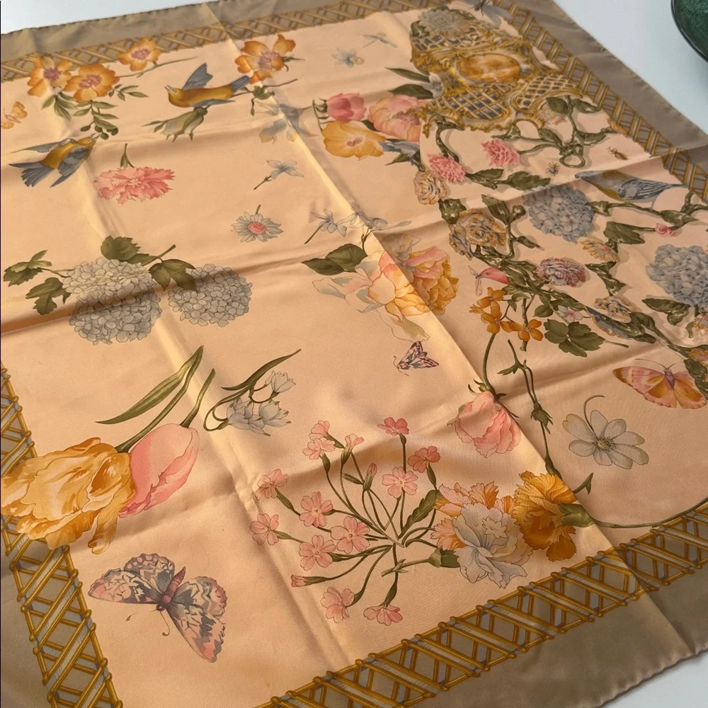 Valentino Pink and Gold Floral Silk Scarf